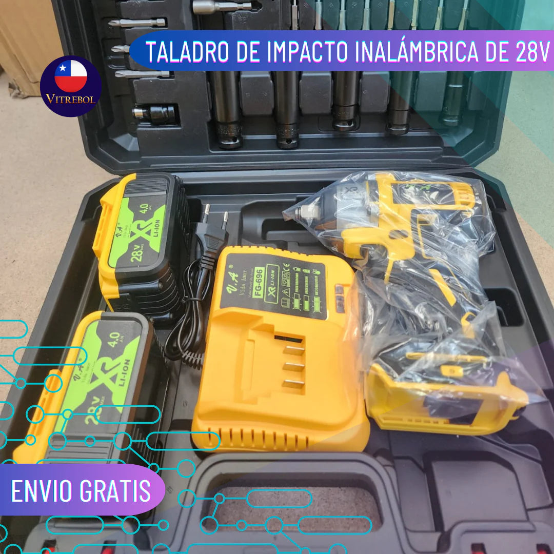 Llave de Impacto Inalámbrica 1/2 con 350 NM - 2 Baterías de 28 V y 4 Amperios + Set de Accesorios