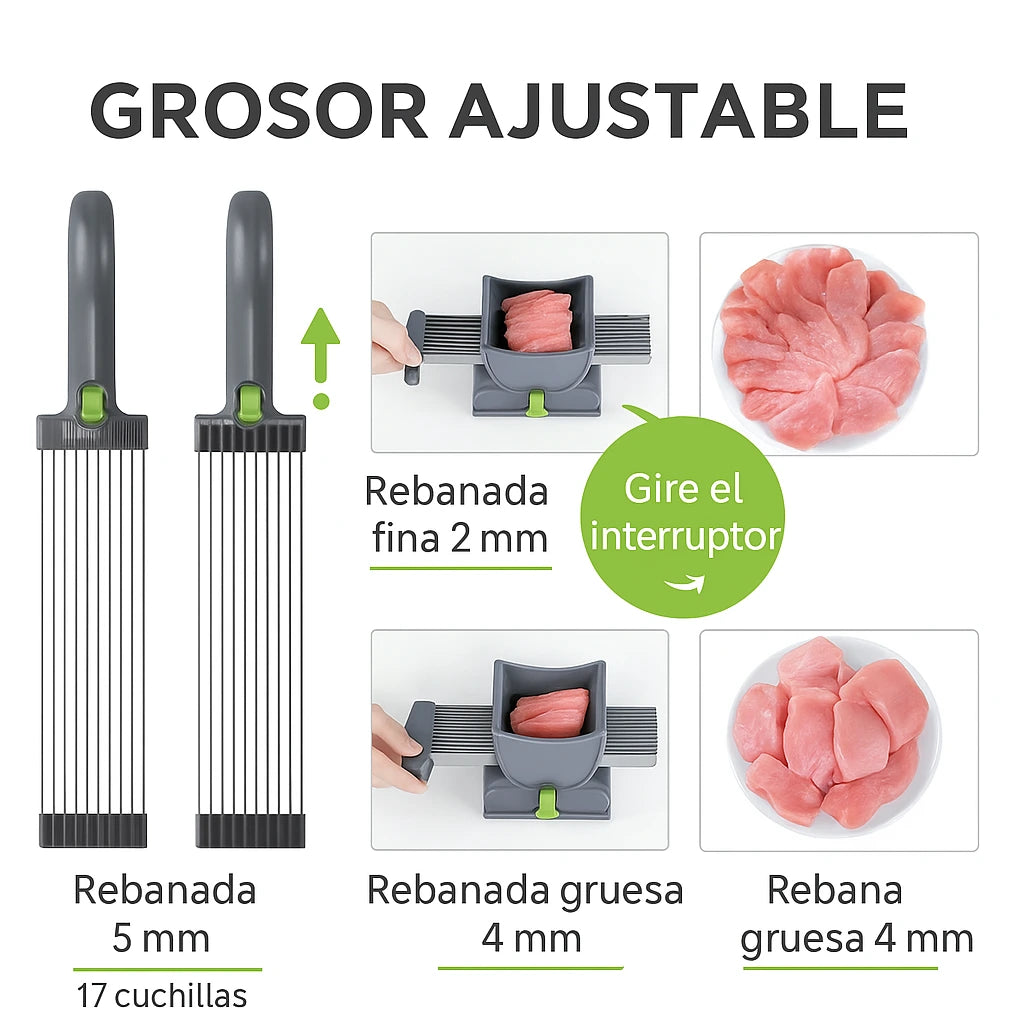 Rebanadora Cortadora Profesional de Carne – Acero Inoxidable 17 en 1 con Grosor Ajustable (2-4 mm)