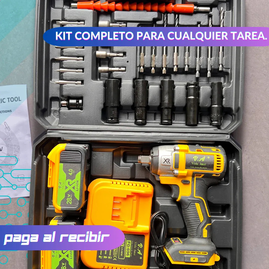 Llave de Impacto Inalámbrica 1/2 con 350 NM - 2 Baterías de 28 V y 4 Amperios + Set de Accesorios