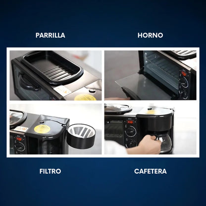 MorningChef 3 en 1: Cafetera, Tostadora y Parrilla para Desayunar