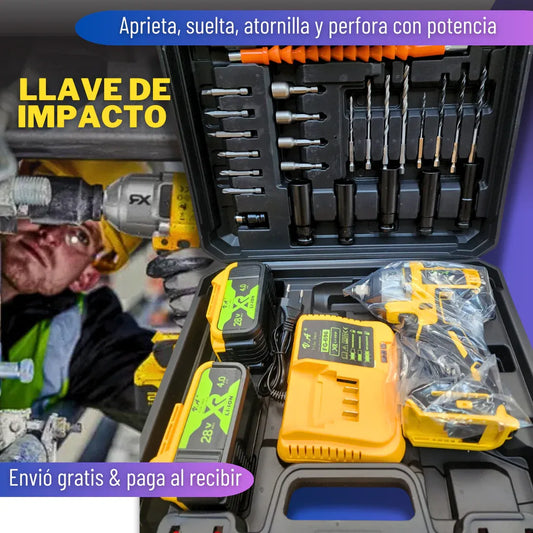 Llave de Impacto Inalámbrica 1/2 con 350 NM - 2 Baterías de 28 V y 4 Amperios + Set de Accesorios