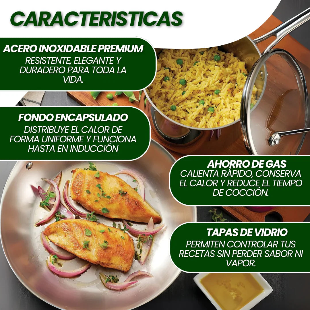 SOLO HOY GRAN LIQUIDACION: Set de ollas Acero Inoxidable (Apto para cocina de gas o inducción) + Envió GRATIS + Paga en la entrega